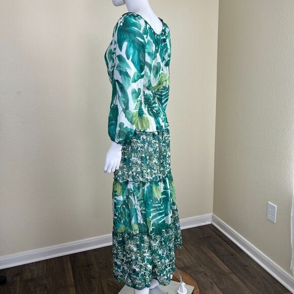 Fig and Flower Women's Size M Green Floral Sheer Smocked Maxi Tiered Dress Boho - Picture 14 of 16